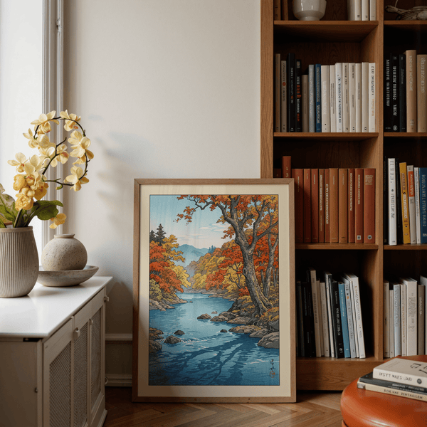 Gallery arrangement featuring Hasui Kawase autumn print beside other nature posters