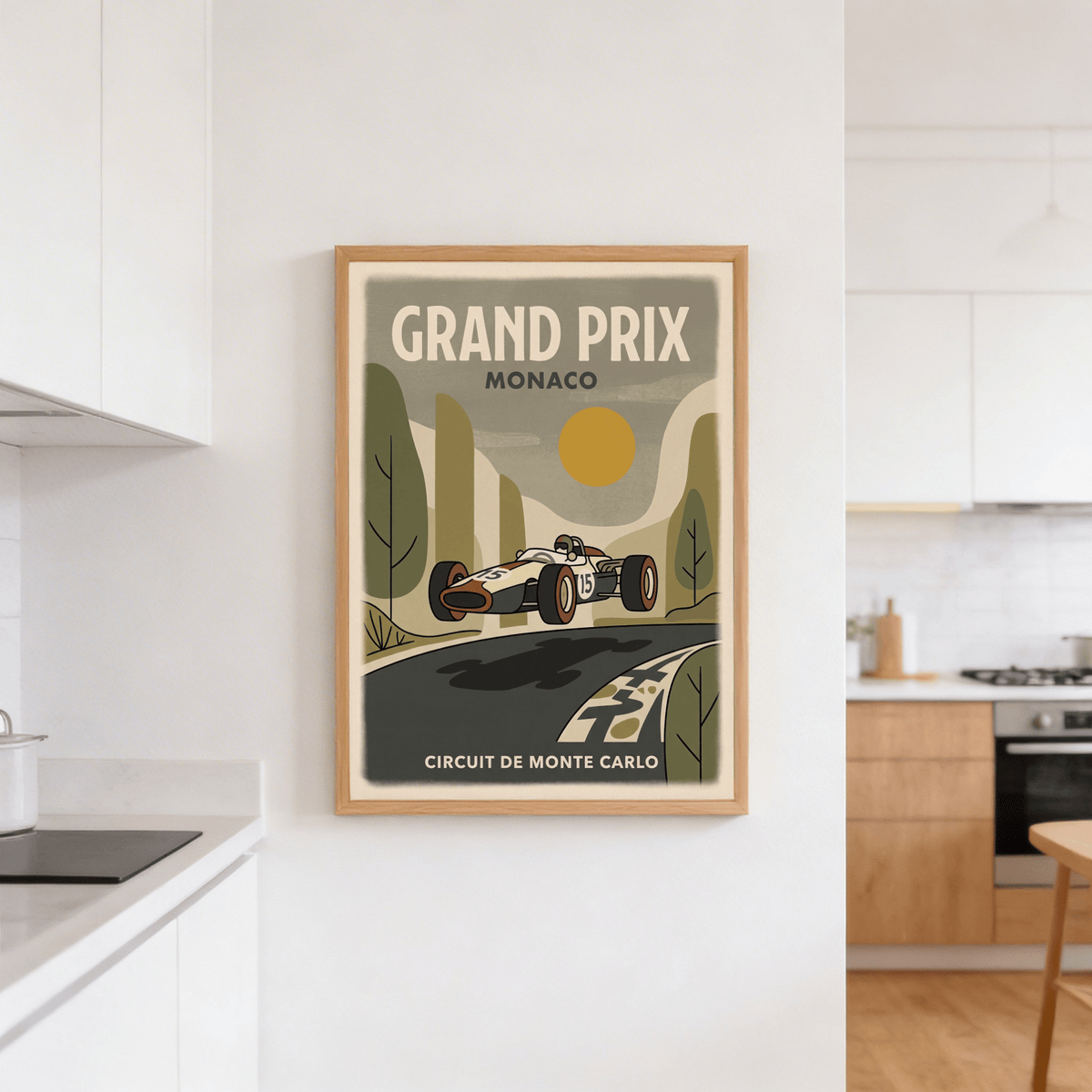 Motorsport Circuit Print with vintage typography and geometric landscape elements