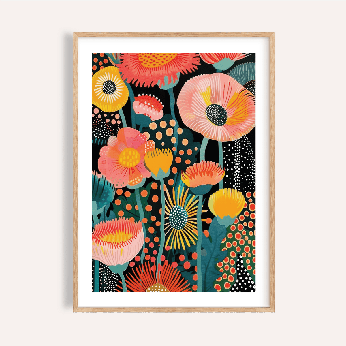 Tropical Floral Print in multicolored, green, orange, yellow for living room wall art