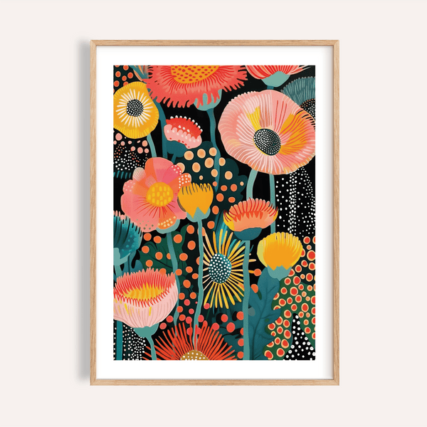 Tropical Floral Print in multicolored, green, orange, yellow for living room wall art