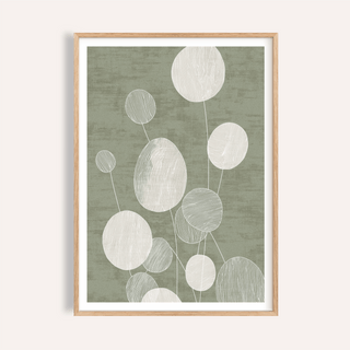 Abstract botanical poster with circular leaf shapes and thin stems