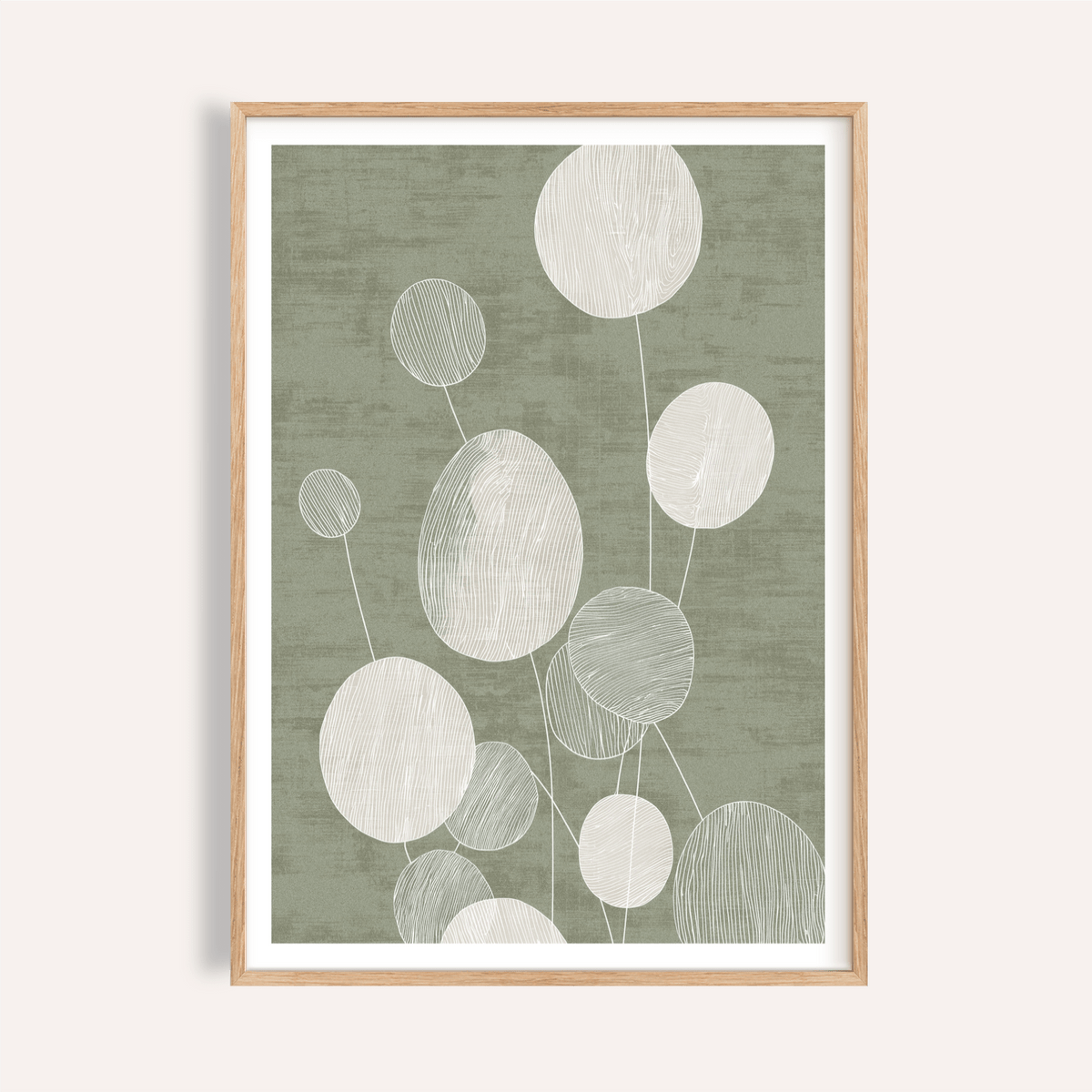 Abstract botanical poster with circular leaf shapes and thin stems