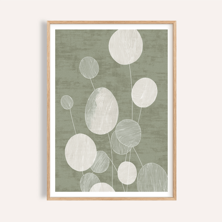Abstract botanical poster with circular leaf shapes and thin stems