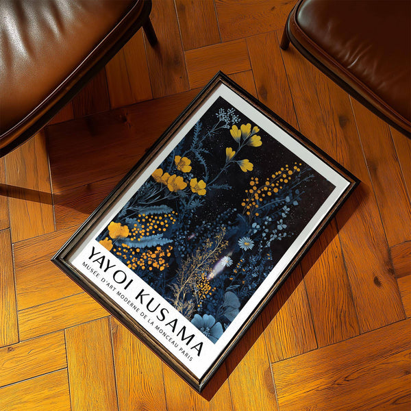 Botanical Kusama Museum tribute print with deep contrast and flow