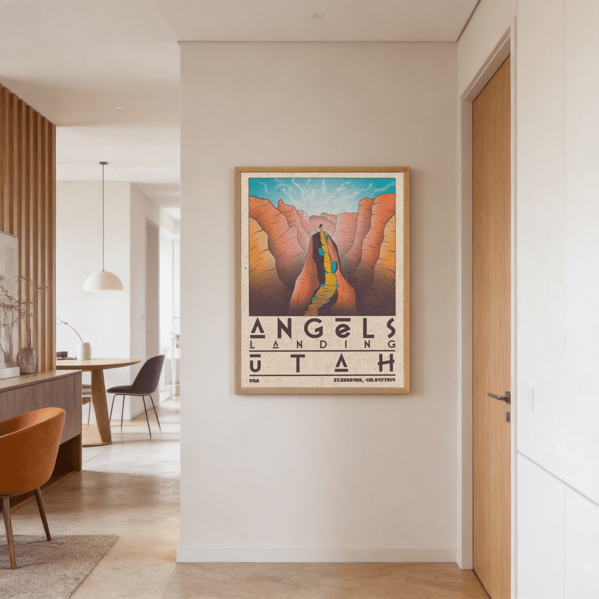 Text-forward poster print combining large letterforms and a canyon scene in orange, blue, and beige
