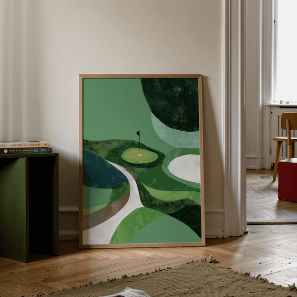 Modern golf landscape wall art poster featuring a small flag on the green and sweeping curves