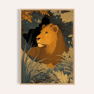 Featuring a lion portrait poster with layered foliage and line textures