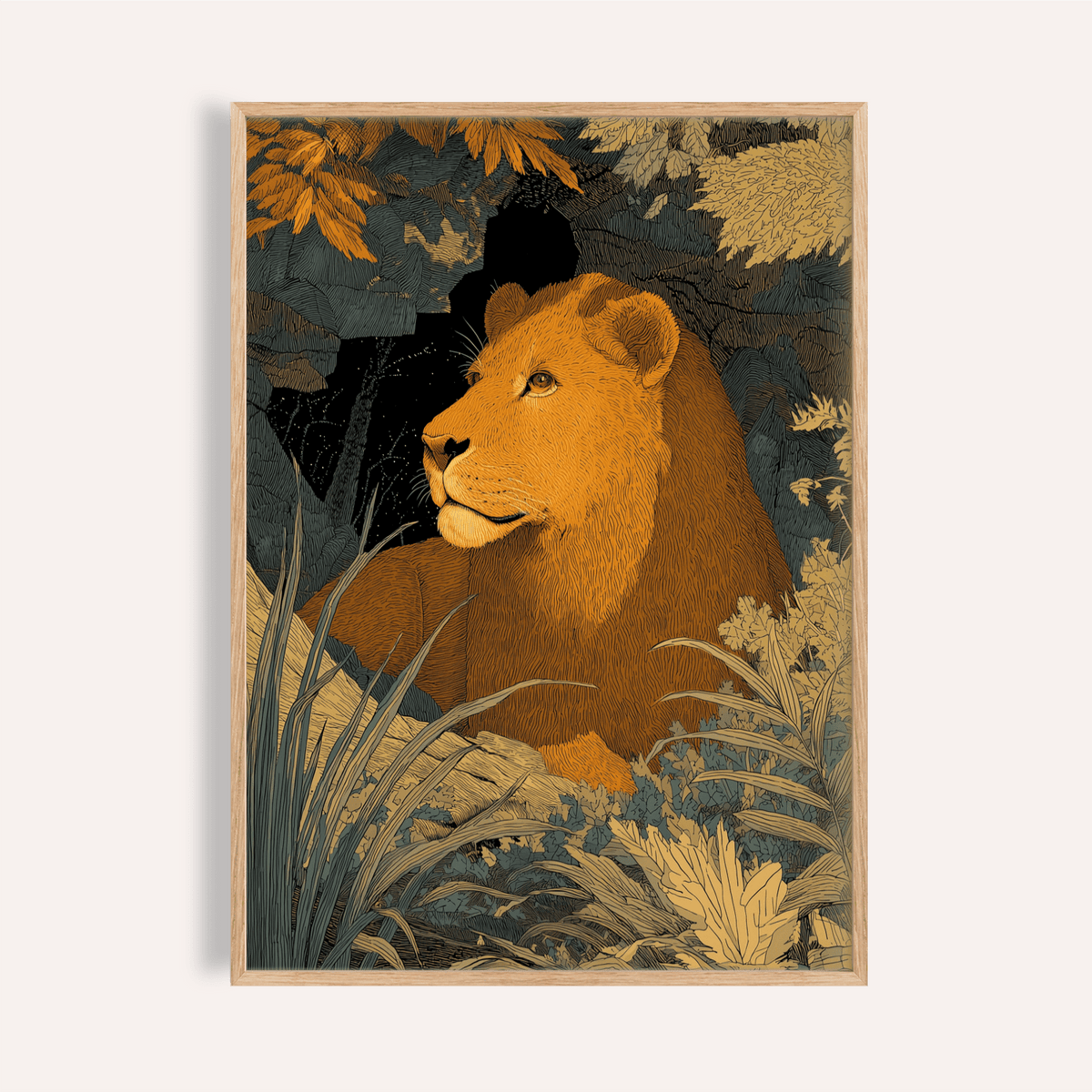 Featuring a lion portrait poster with layered foliage and line textures