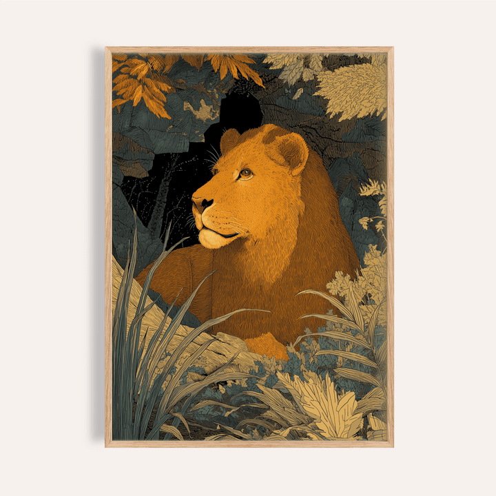 Featuring a lion portrait poster with layered foliage and line textures