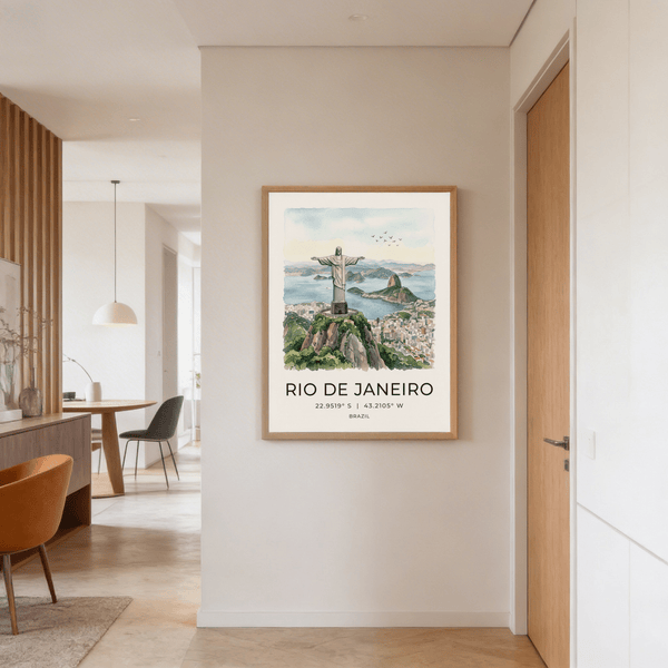 Detailed skyline wall art print featuring rocky cliffs, hillside greenery, and harbor