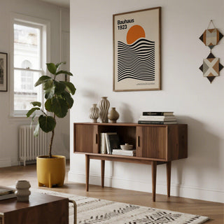Black and orange Sun and Mountain Wall Art with bold waves and circular sun.