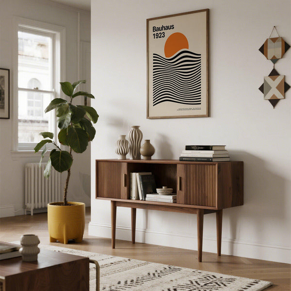 Black and orange Sun and Mountain Wall Art with bold waves and circular sun.