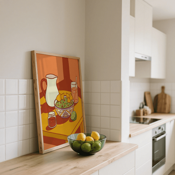 Mexican Cuisine Wall Art, Orange table and Green lime, perfect kitchen print