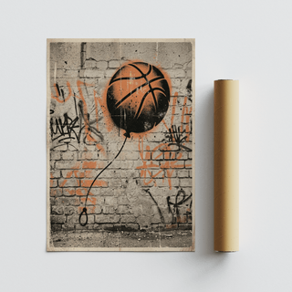 Printed Basketball Graffiti Art Print showcasing a basketball stencil and layered graffiti on masonry
