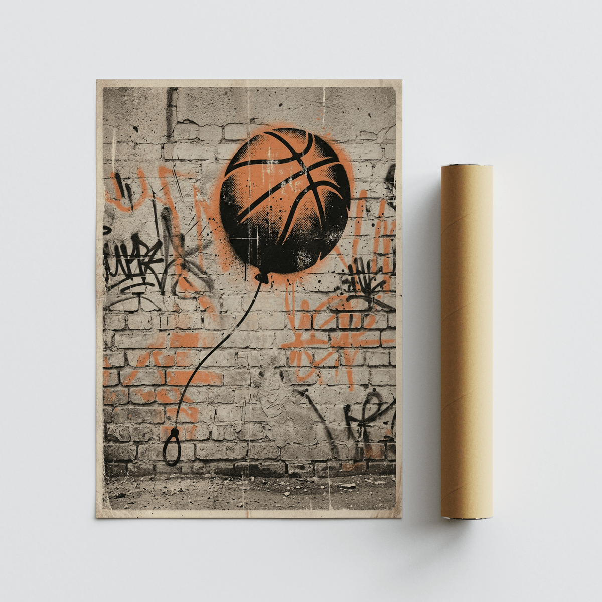 Printed Basketball Graffiti Art Print showcasing a basketball stencil and layered graffiti on masonry