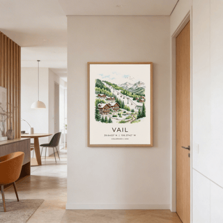Illustrated mountain village poster with chalets, pond, and evergreen trees