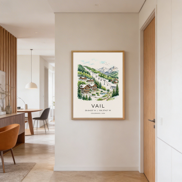 Illustrated mountain village poster with chalets, pond, and evergreen trees