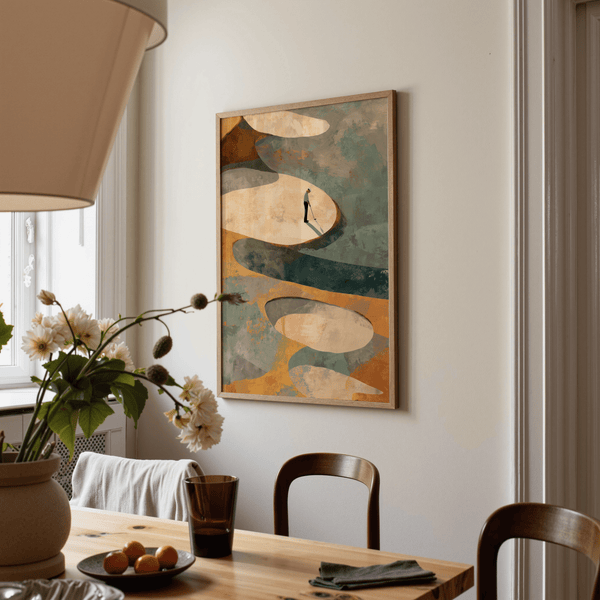 Graphic golf scene wall decor with flowing course contours and brush grain