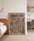 Highlighting Mexico Map Poster showing Mexico City neighborhoods, landmark drawings, and map layout print