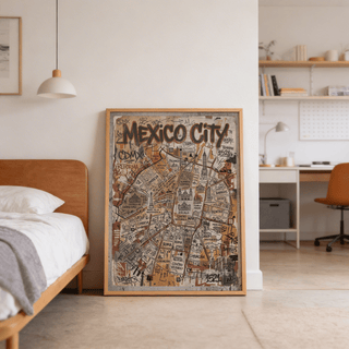Highlighting Mexico Map Poster showing Mexico City neighborhoods, landmark drawings, and map layout print