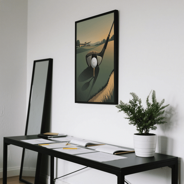 Stylized golf course poster featuring driver club, ball, and distant trees in flat shapes