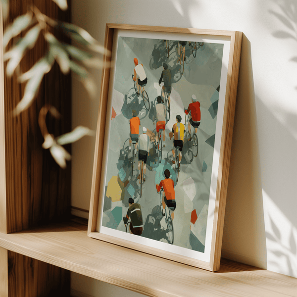 Modern cycling wall art print with layered shapes and strong cast shadows