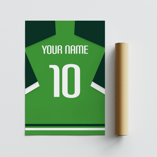 Displayed Nigeria Football Shirt Poster with jersey silhouette, bold 10, and custom name area