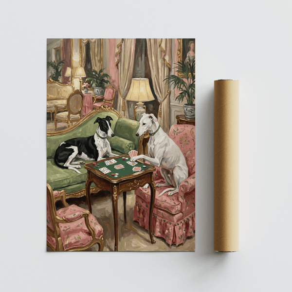 Vintage Dog Wall Art in elegant Black and White with Pink chairs as wall art for study