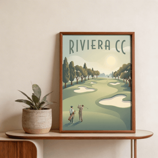 Golf Landscape Poster showing winding fairway at sunrise with treeline silhouette