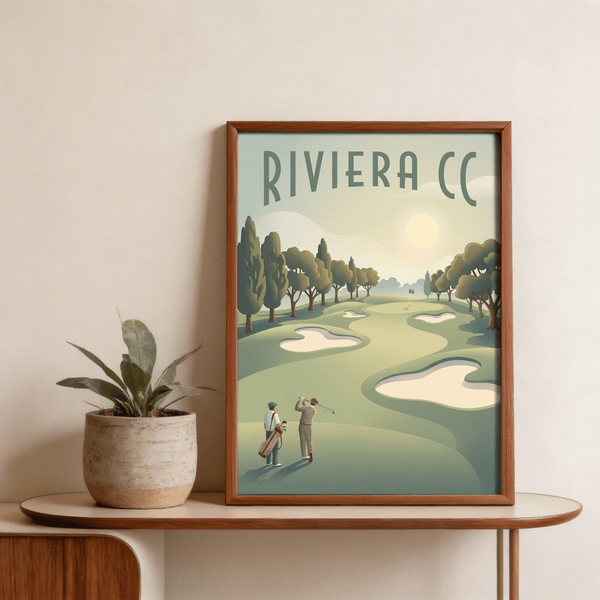 Golf Landscape Poster showing winding fairway at sunrise with treeline silhouette