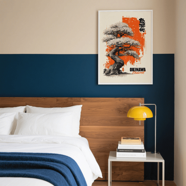 Modern Cherry Blossom Tree Poster with White background, Orange highlights, wall art