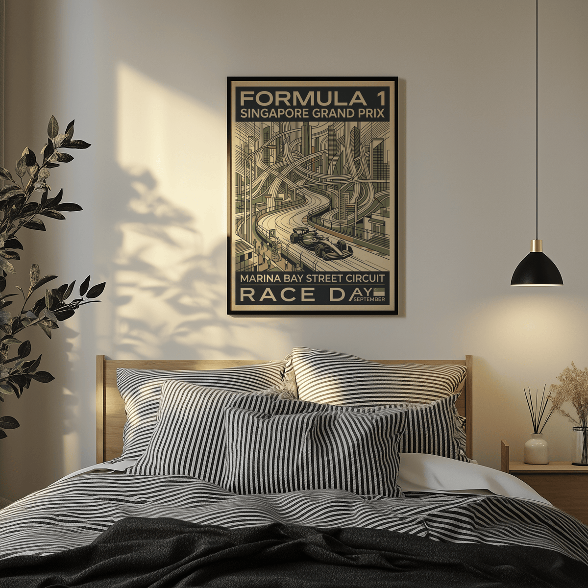 Detailed linework of city buildings and looping track sections, Singapore Grand Prix Print wall art poster with strong geometric composition