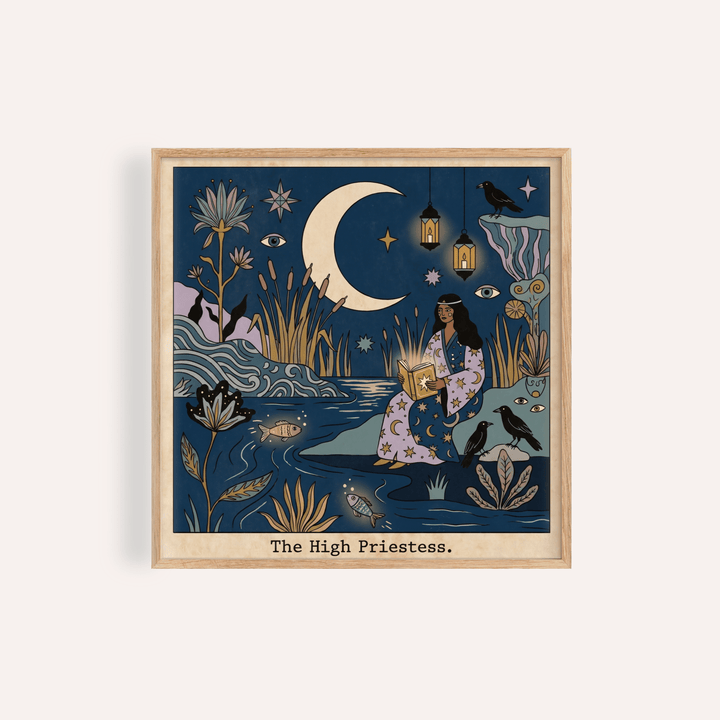 Crescent moon and lantern scene poster, The High Priestess Tarot Card Art