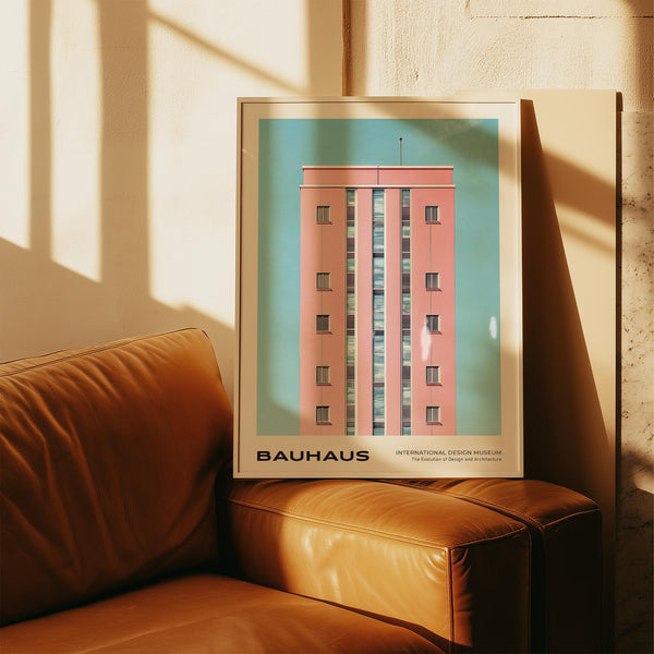 Architecture art prints featuring high-rise Bauhaus structure in soft hues.