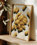 Rigatoni Pasta Print wall art with yellow accents for a cozy kitchen