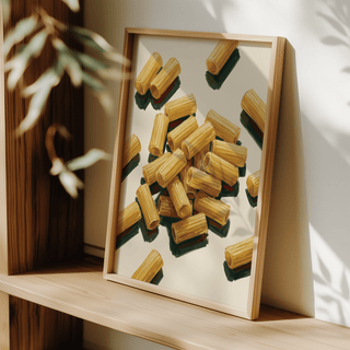 Rigatoni Pasta Print wall art with yellow accents for a cozy kitchen