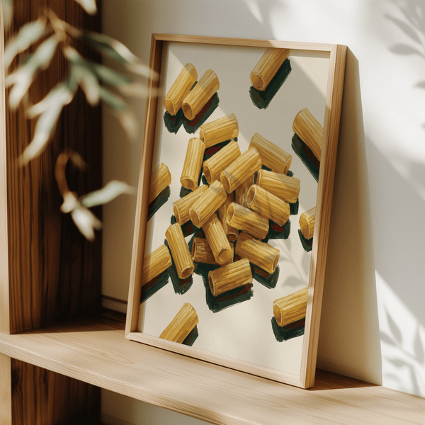 Rigatoni Pasta Print wall art with yellow accents for a cozy kitchen