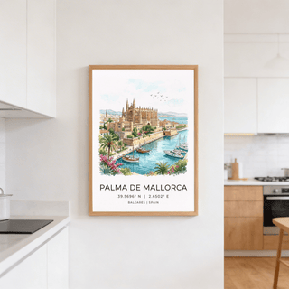 Landscape travel print poster featuring cathedral waterfront and harbor boats