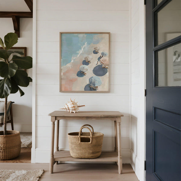 Beach umbrella print with soft pastel sand and gentle ocean tones.