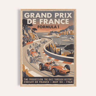Vintage Grand Prix racing poster showing open-wheel cars on a coastal circuit