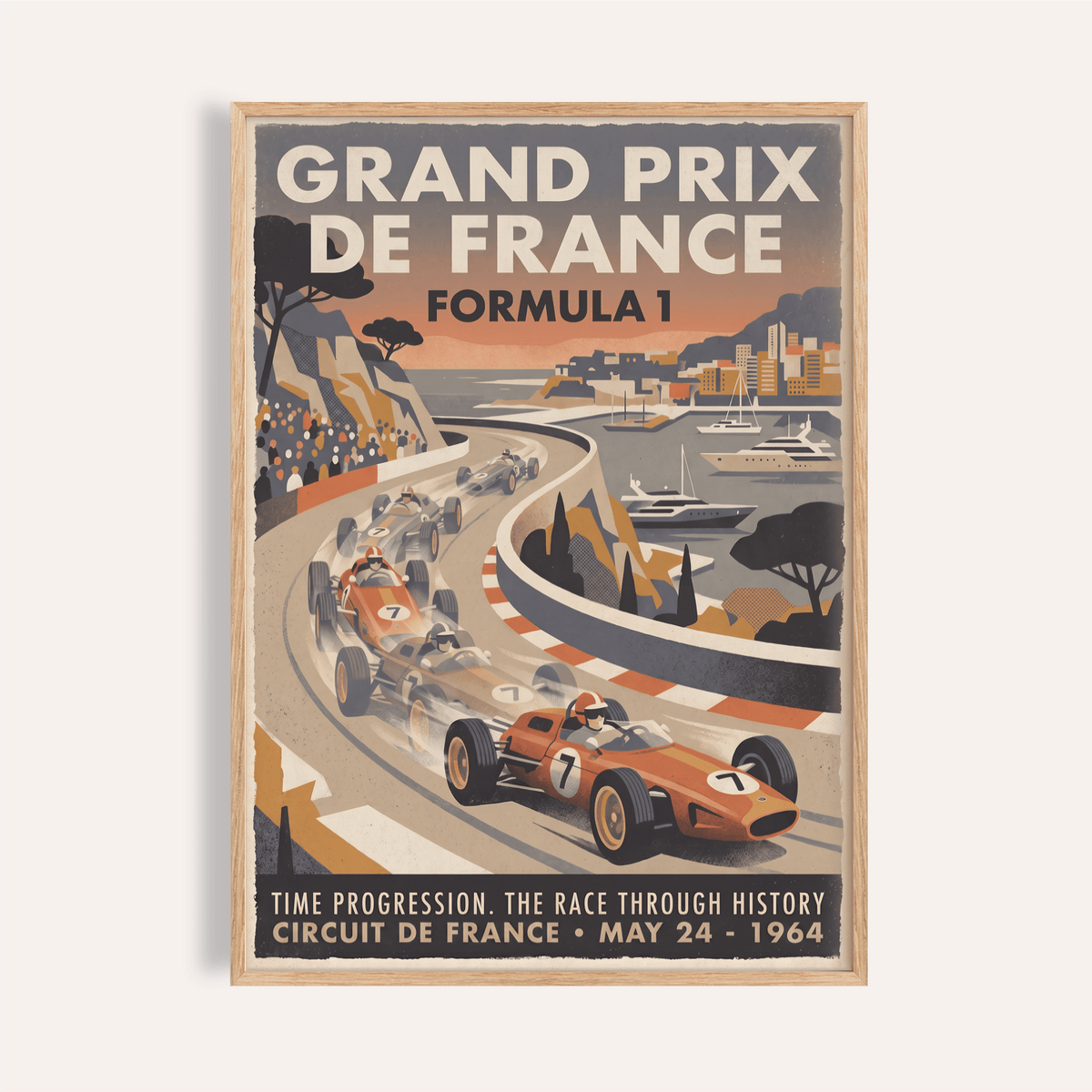 Vintage Grand Prix racing poster showing open-wheel cars on a coastal circuit