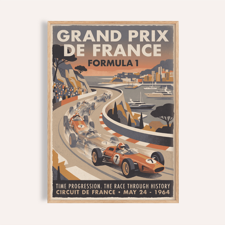 Vintage Grand Prix racing poster showing open-wheel cars on a coastal circuit
