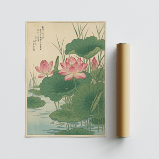 Japanese Lotus Flower Print with blue water, suits study or home office decor