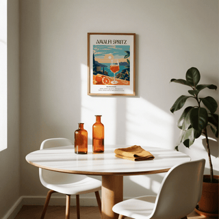 Recipe-style drink poster print with citrus garnish imagery and simplified Mediterranean landscape