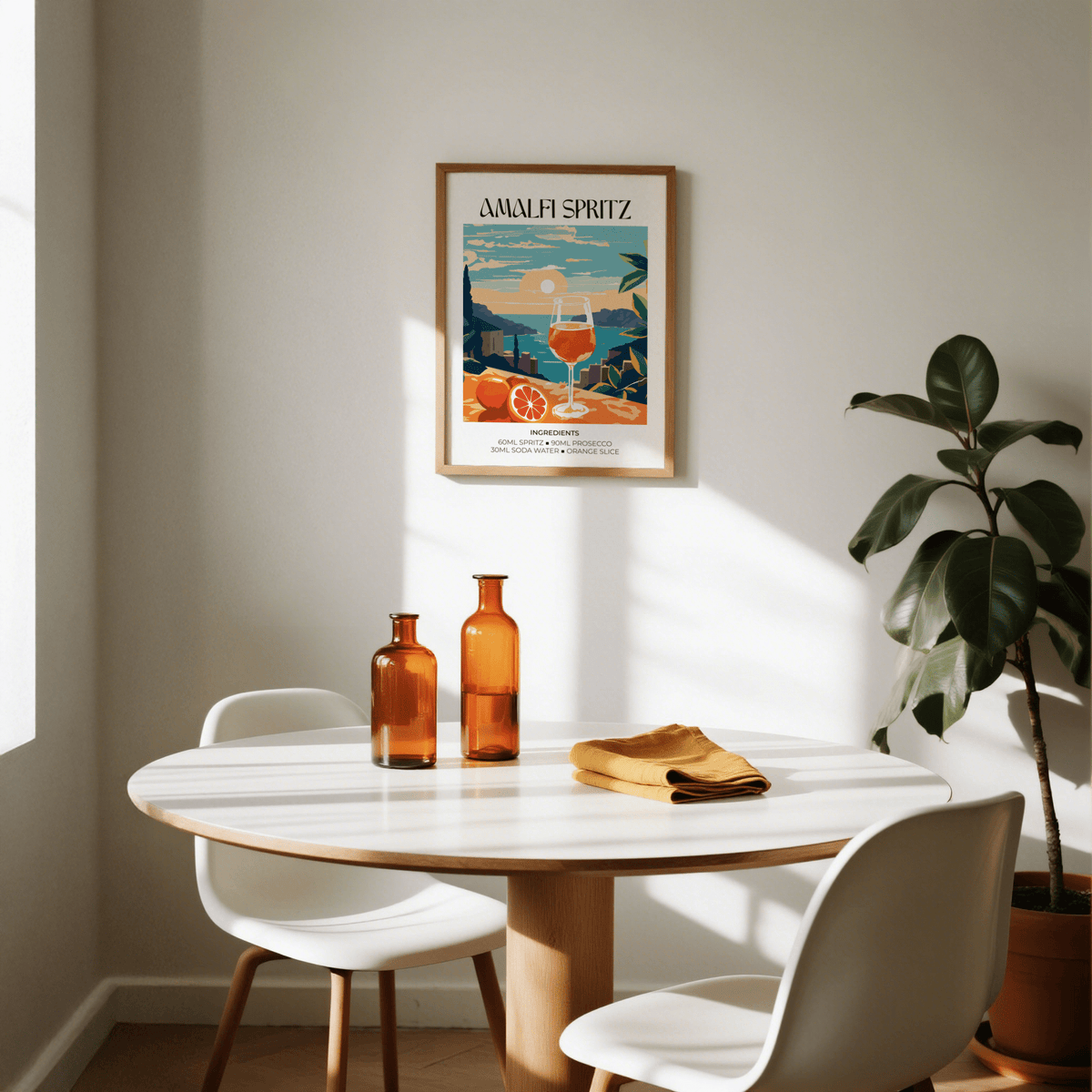 Recipe-style drink poster print with citrus garnish imagery and simplified Mediterranean landscape