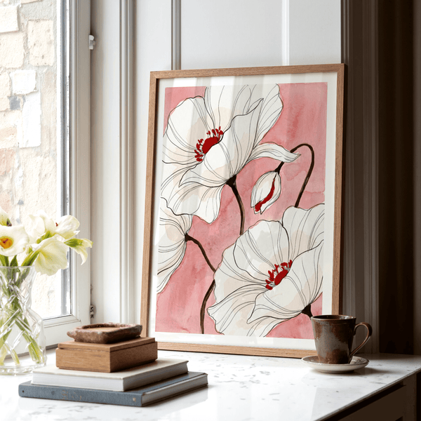 Minimalist bedroom setting with Botanical Floral Art Print above desk