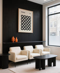 Retro modern mid century wall print with black petal shapes in a structured layout.