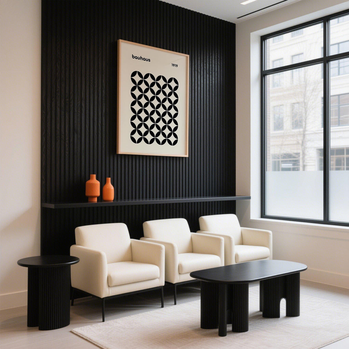 Retro modern mid century wall print with black petal shapes in a structured layout.
