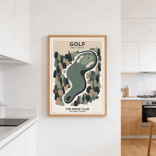 Brown, green, beige golf course silhouette bordered by trees