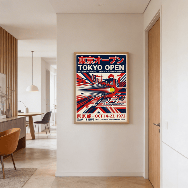 Capturing sports poster with Japanese characters, tournament date line, and dynamic diagonal shapes